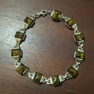 Green Baltic Amber sterling silver bracelet 7.5"